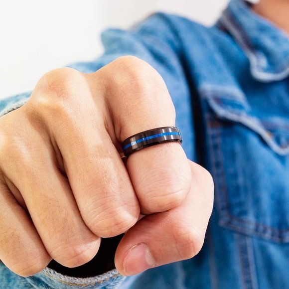 Thin Blue Line Stripe Stainless Steel Ring Band - Picture 3 of 5